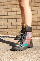 AZALEA WANG CALIBAN BLACK MULTI PLAID COMBAT BOOTIE
