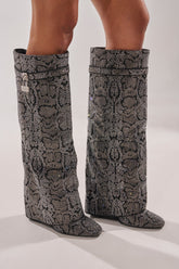 AZALEA WANG CAPRICORN RHINESTONE SNAKE PATTERN WEDGE FOLD OVER BOOT