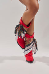 AZALEA WANG COBALT RED FAUX SUEDE SCARF EMBELLISHED WESTERN BOOTIE