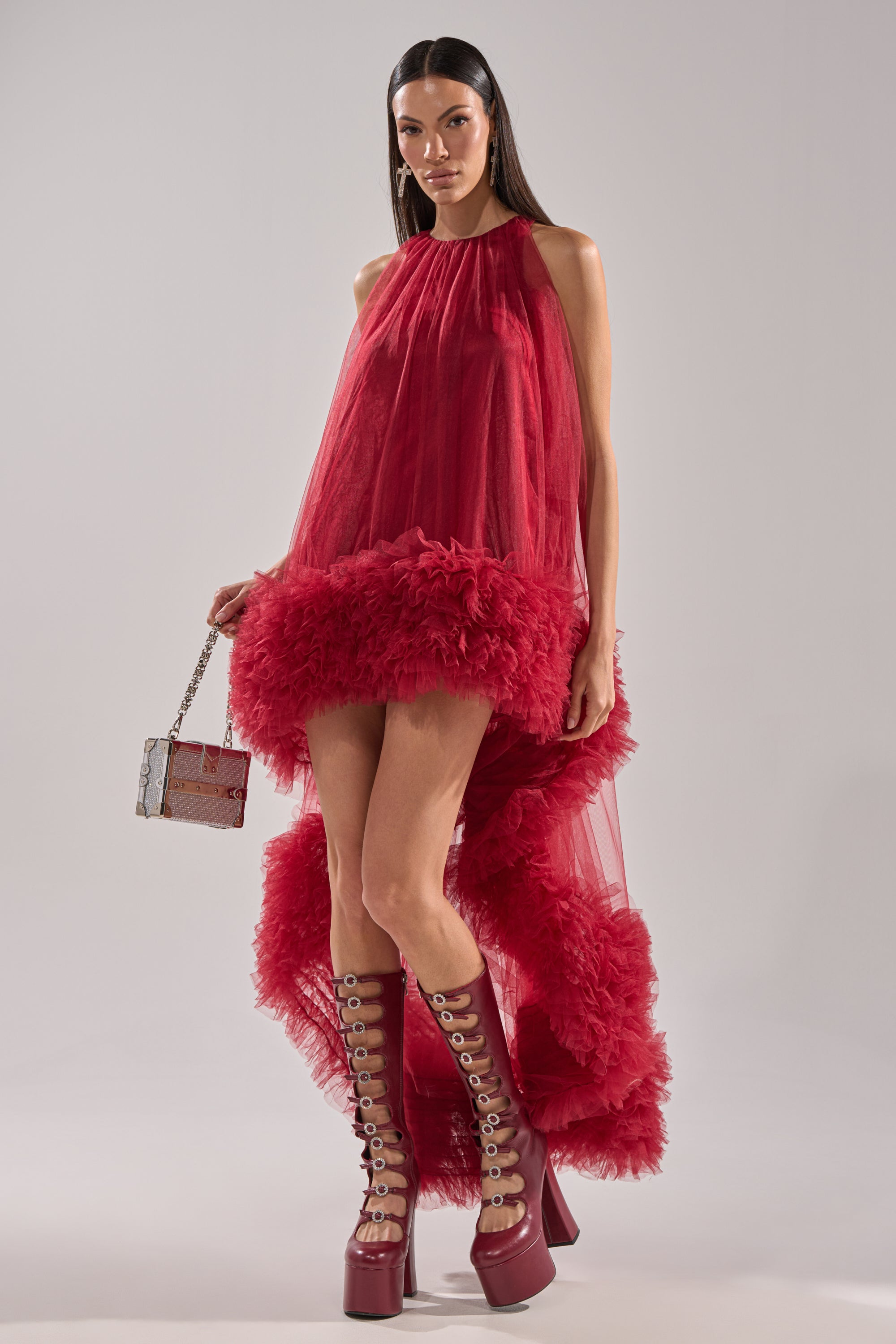 ARI TULLE HIGH LOW DRESS IN BURGUNDY