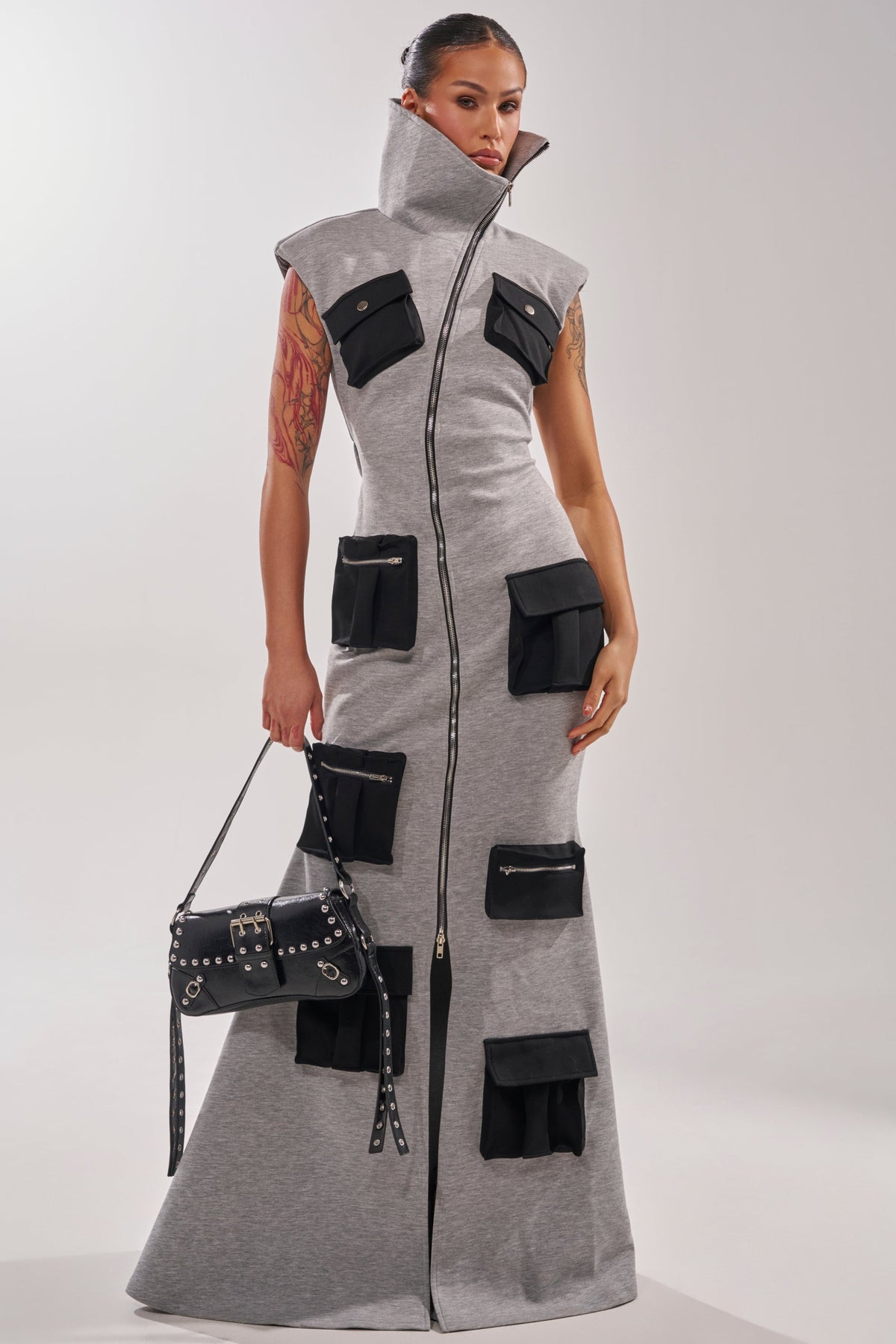 DON'T MESS WITH ME COLLARED MAXI DRESS IN GREY SCUBA