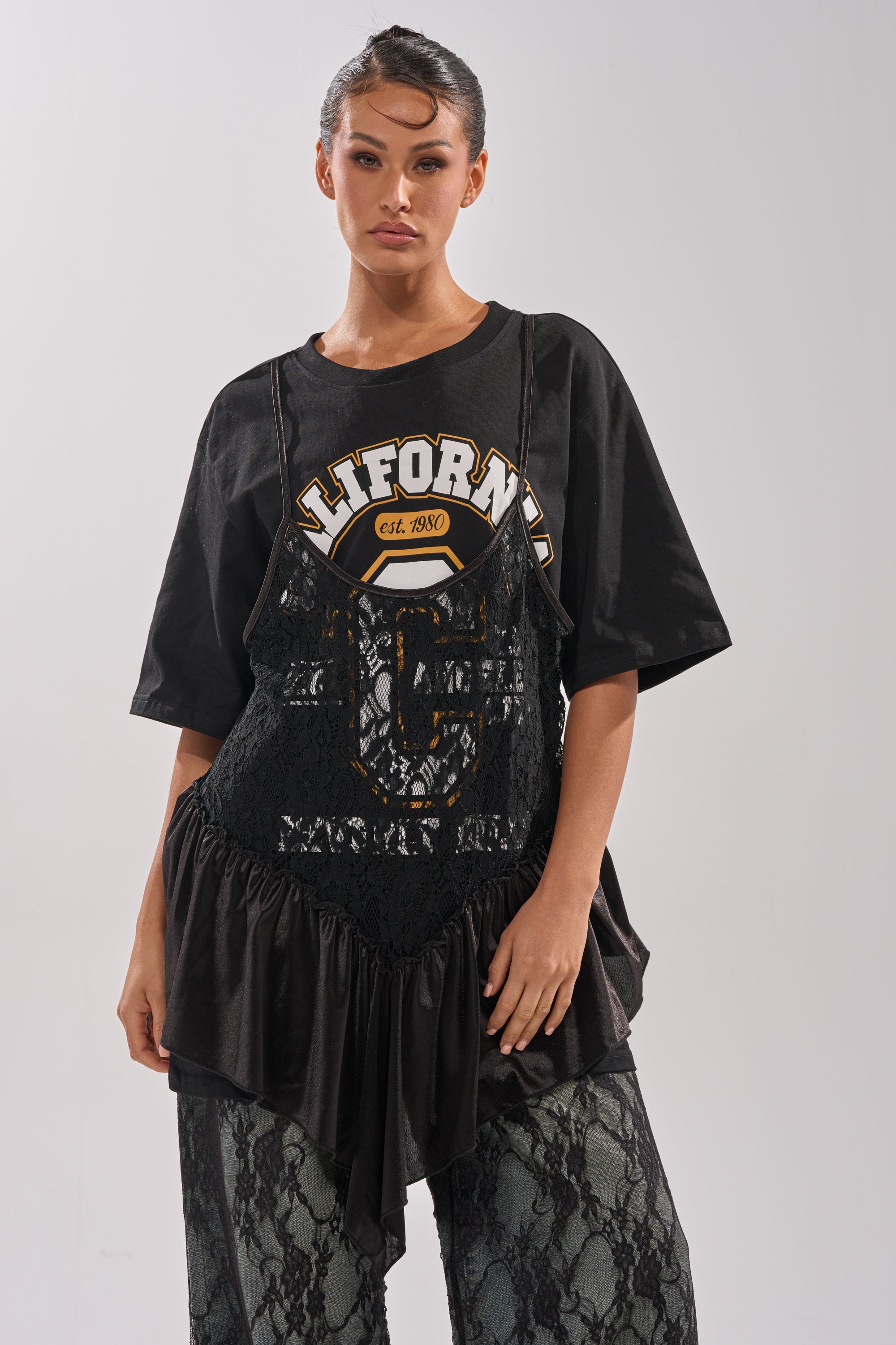 BEVERLY HILLS DIVA LACE OVERLAY TEE