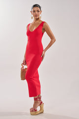 BETWEEN THE LINES MIDI DRESS IN RED