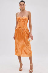 ALL ABOUT ME SATIN BUBBLE MIDI DRESS IN ORANGE