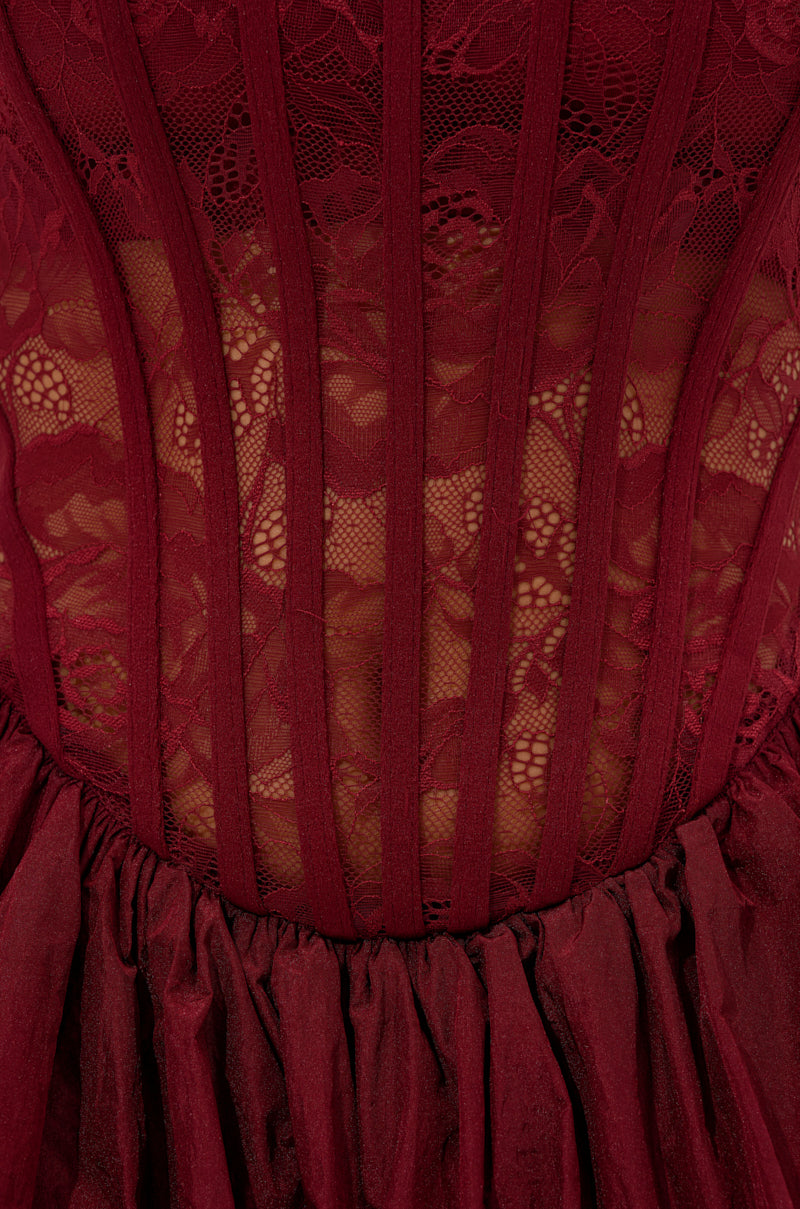 BELINA LACE MINI DRESS WITH BUBBLE SKIRT IN BURGUNDY
