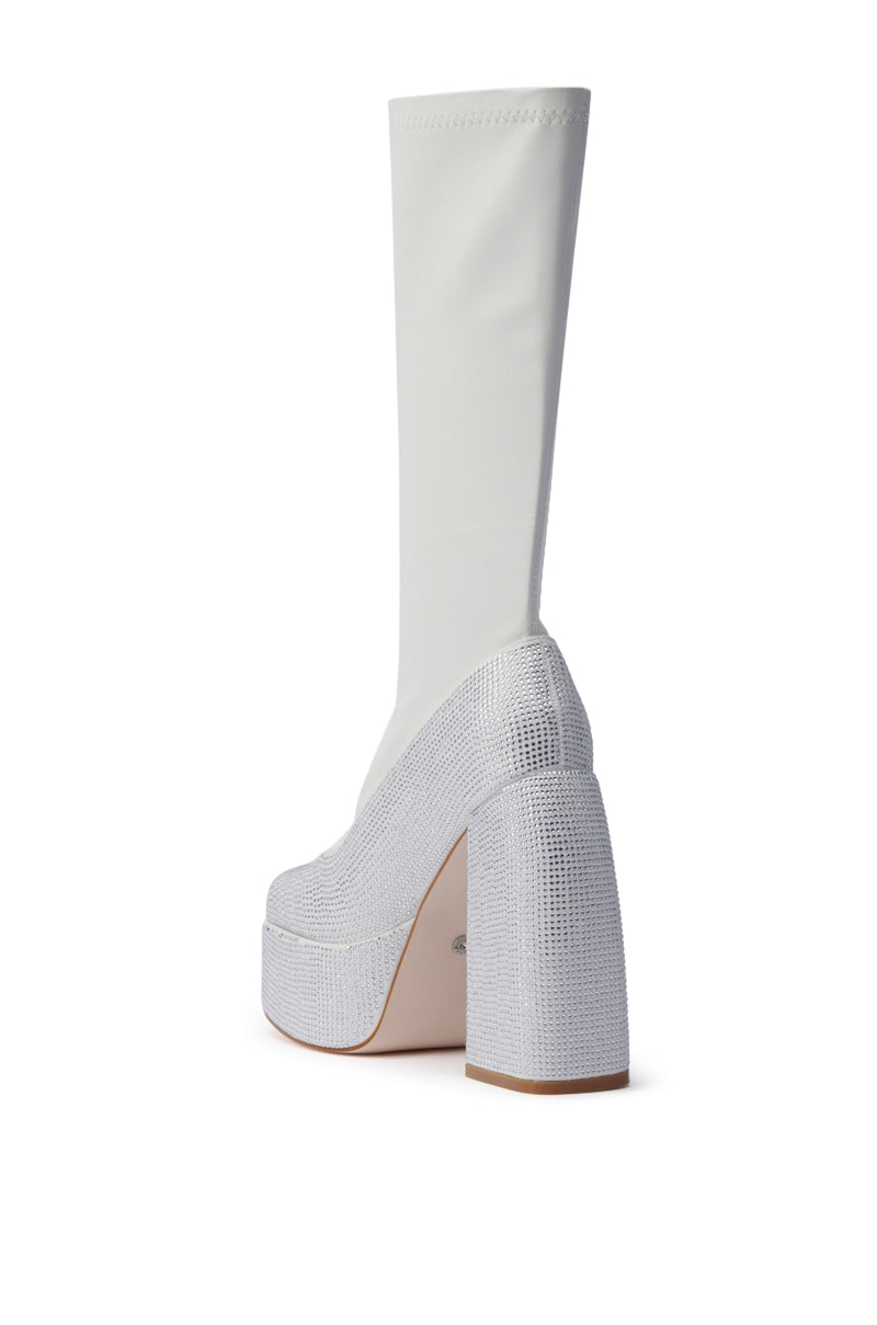 AZALEA WANG AURONNE WHITE AND RHINESTONE CHUNKY BOOT