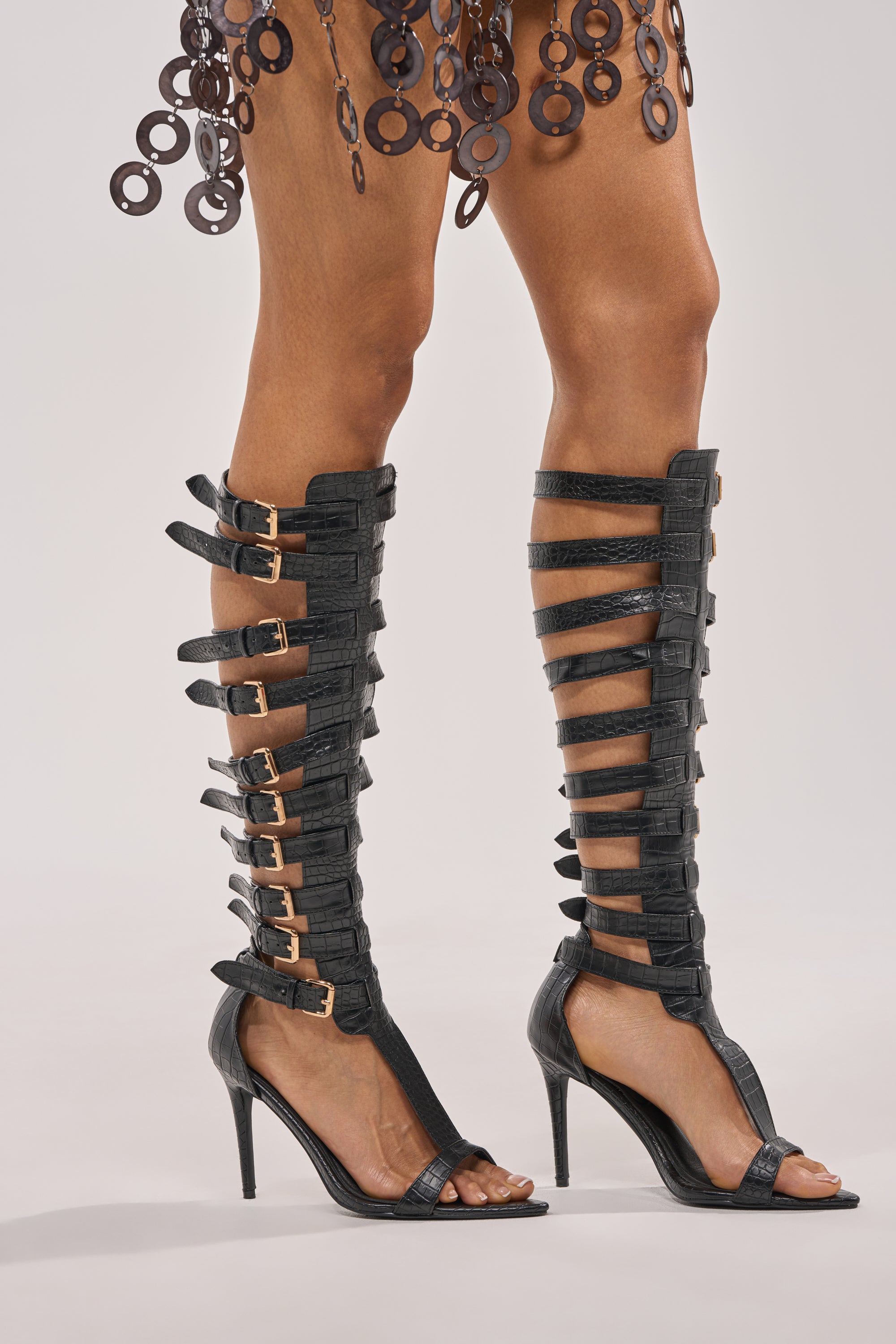 AZALEA WANG CHERLLI BLACK CROC OVER THE KNEE SANDAL