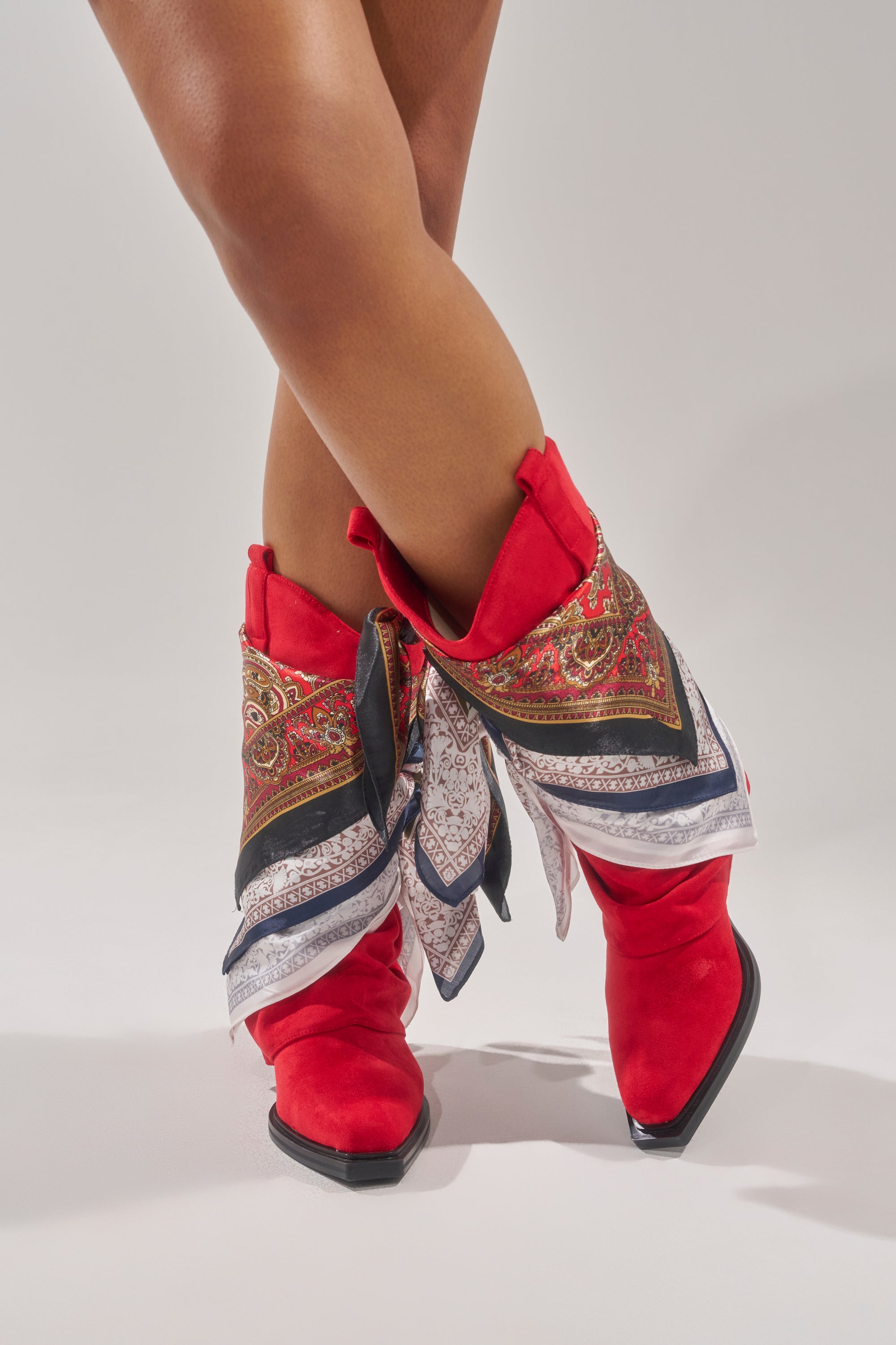 AZALEA WANG COBALT RED FAUX SUEDE SCARF EMBELLISHED WESTERN BOOTIE