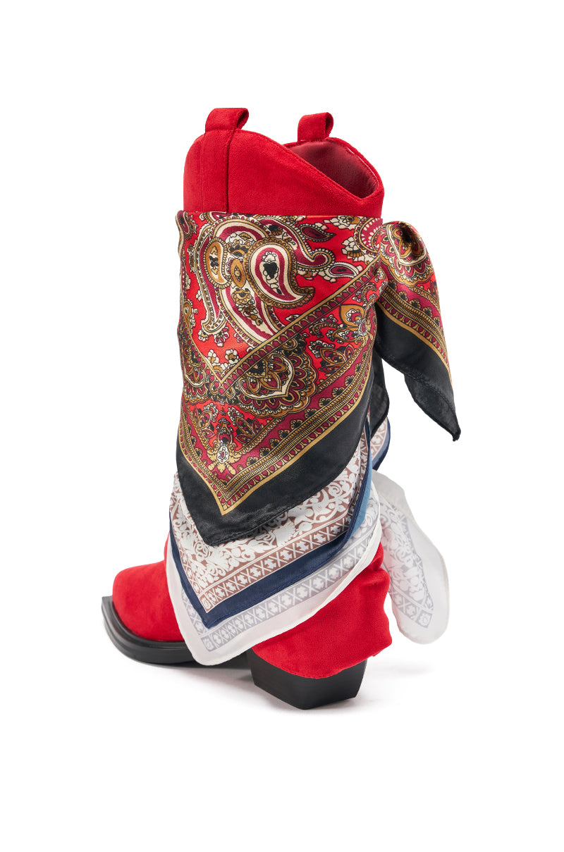 AZALEA WANG COBALT RED FAUX SUEDE SCARF EMBELLISHED WESTERN BOOTIE