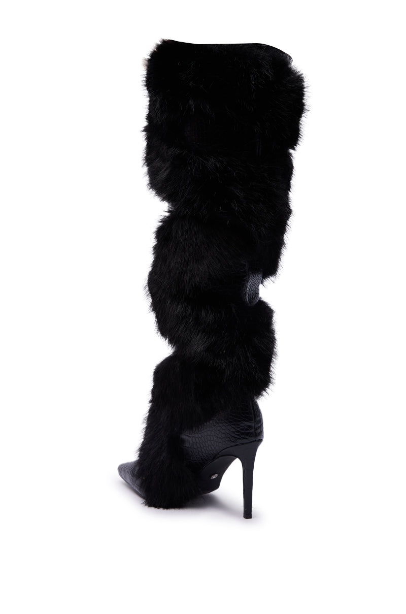 AZALEA WANG CONRADDE BLACK MIXED MATERIAL FUR AND SNAKE STILETTO BOOT
