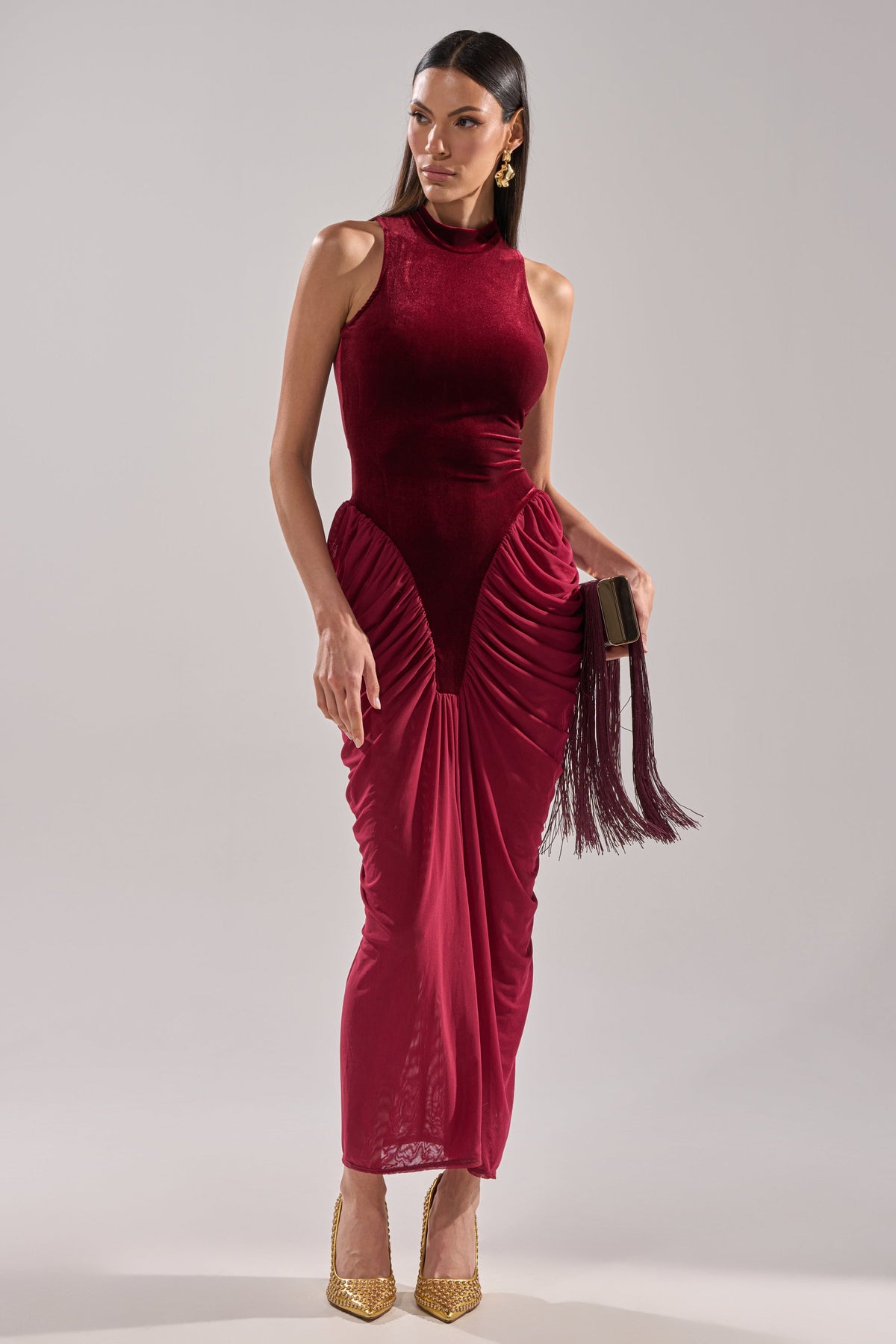 BABY ITS COLD OUTSIDE VELVET RUCHED MAXI DRESS