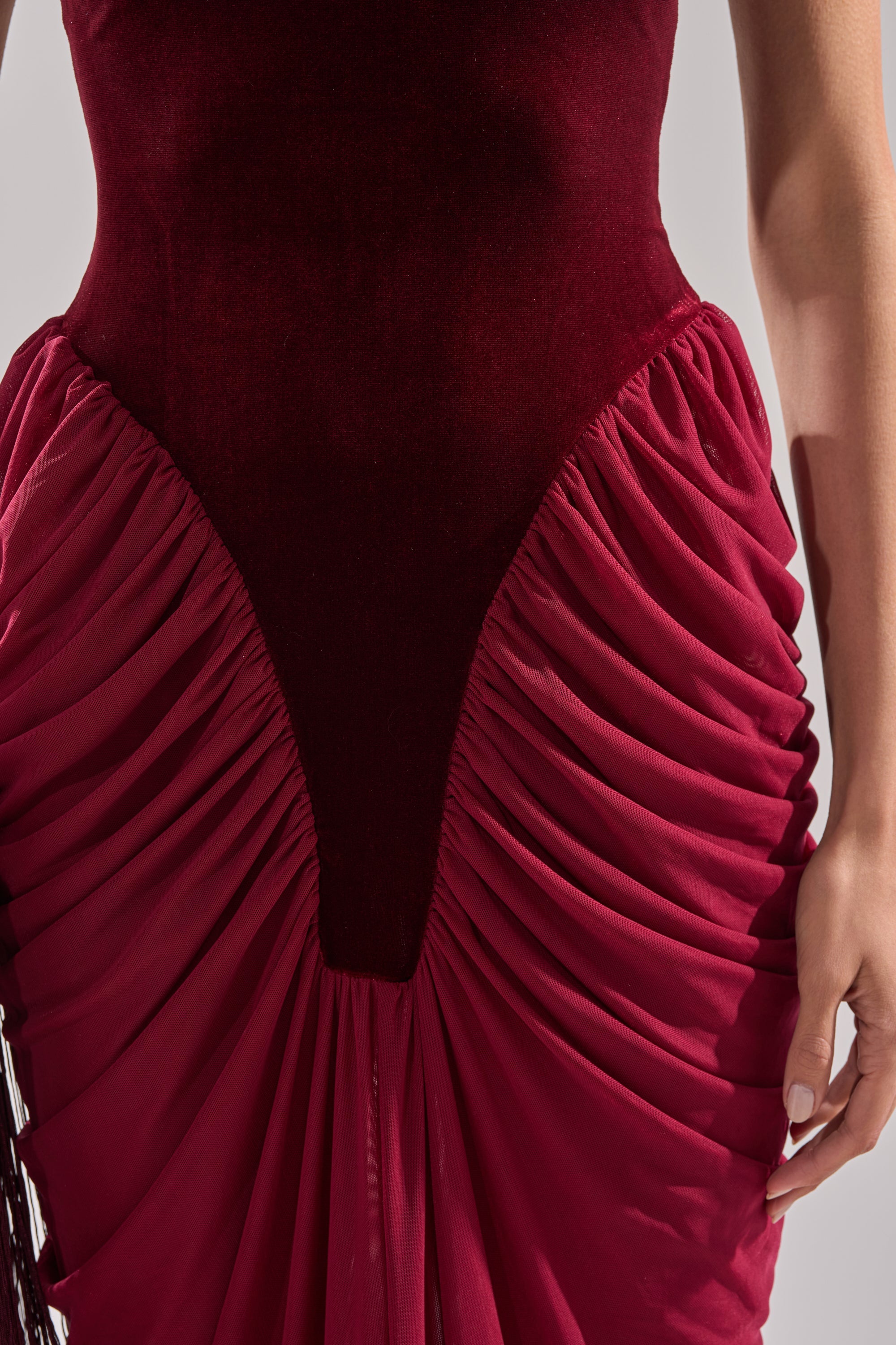 BABY ITS COLD OUTSIDE VELVET RUCHED MAXI DRESS
