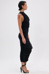 BUSINESS IN FRONT PARTY IN BACK MIDI DRESS IN BLACK