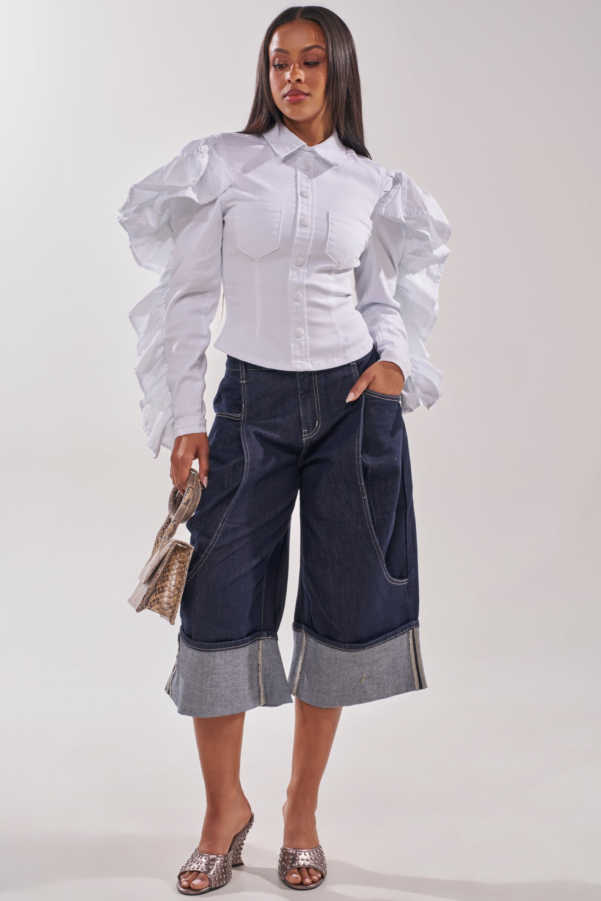 DREA RUFFLE SLEEVE BUTTON DOWN