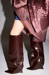 AZALEA WANG KENYA BROWN KNEE HIGH WEDGE BOOT