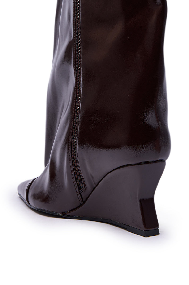 AZALEA WANG KENYA BROWN KNEE HIGH WEDGE BOOT