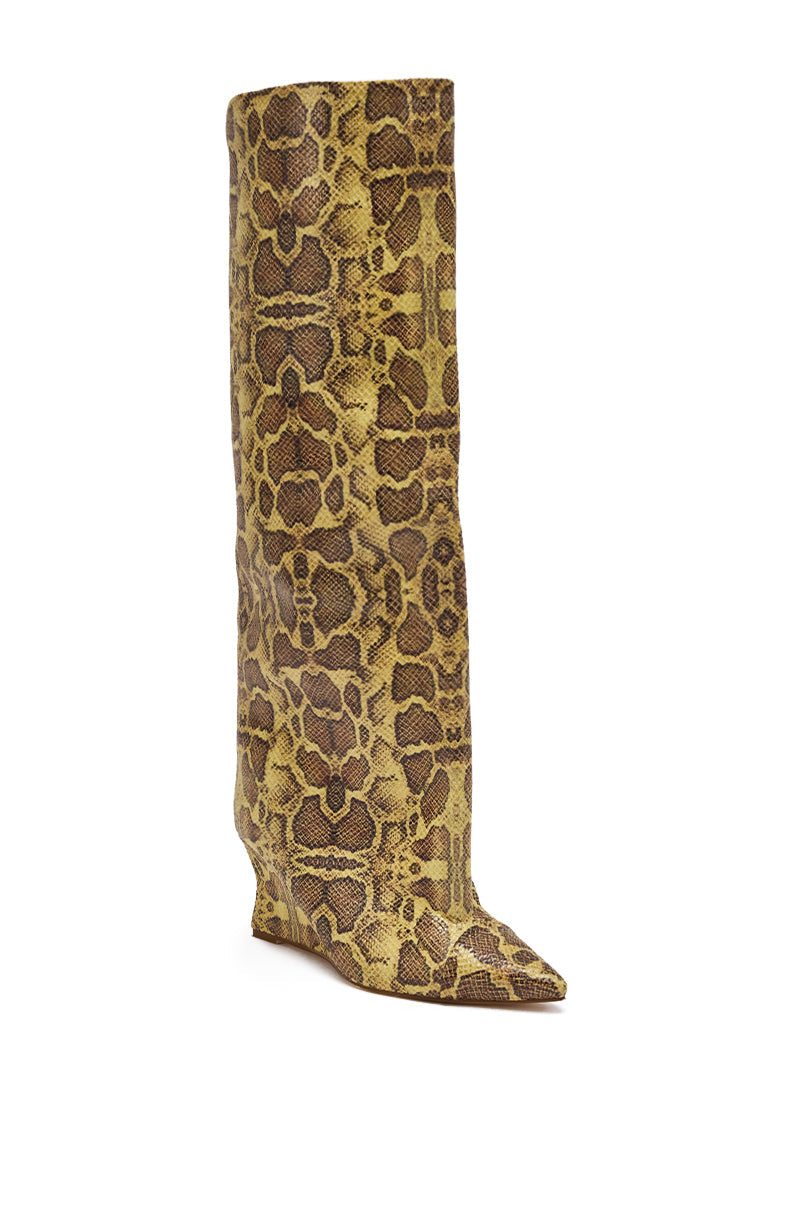 AZALEA WANG KENYA YELLOW SNAKE PRINT KNEE HIGH WEDGE BOOT