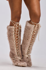 AZALEA WANG LOURDANNE IVORY FUR LACE UP BOOT