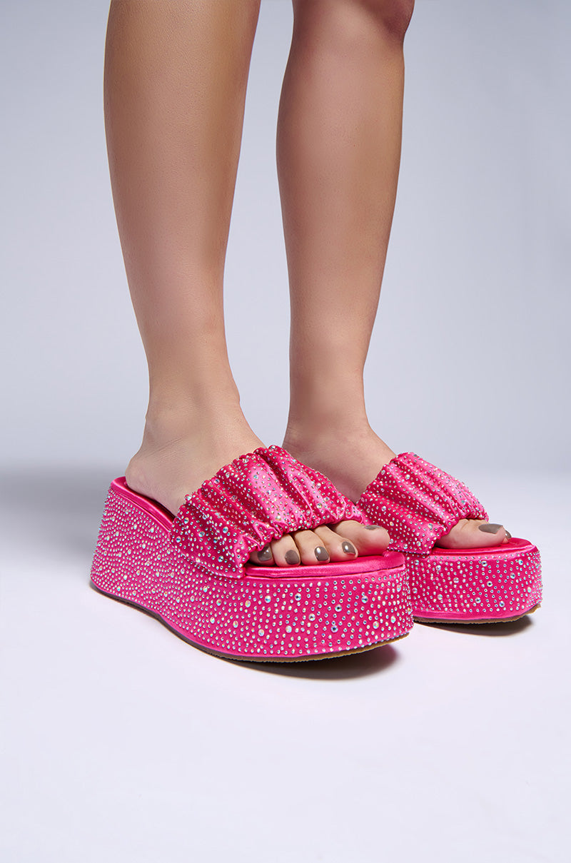 AZALEA WANG CAPELLINI PINK RHINESTONE FLATFORM SCRUNCHIE SANDAL