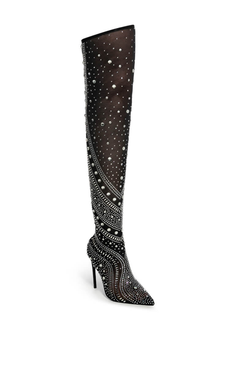 AZALEA WANG ROXY RHINESTONETHIGH HIGH STILETTO BOOT IN BLACK