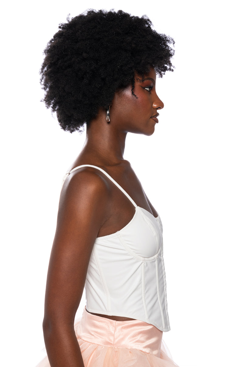 BE ABOUT IT SLEEVELESS FAUX LEATHER CORSET