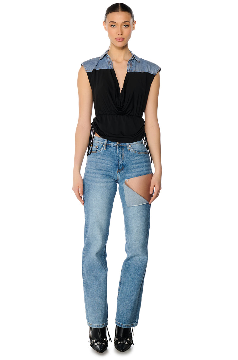 BLAME GAME DENIM DETAIL CAP SLEEVE ADJUSTABLE BLOUSE IN BLACK