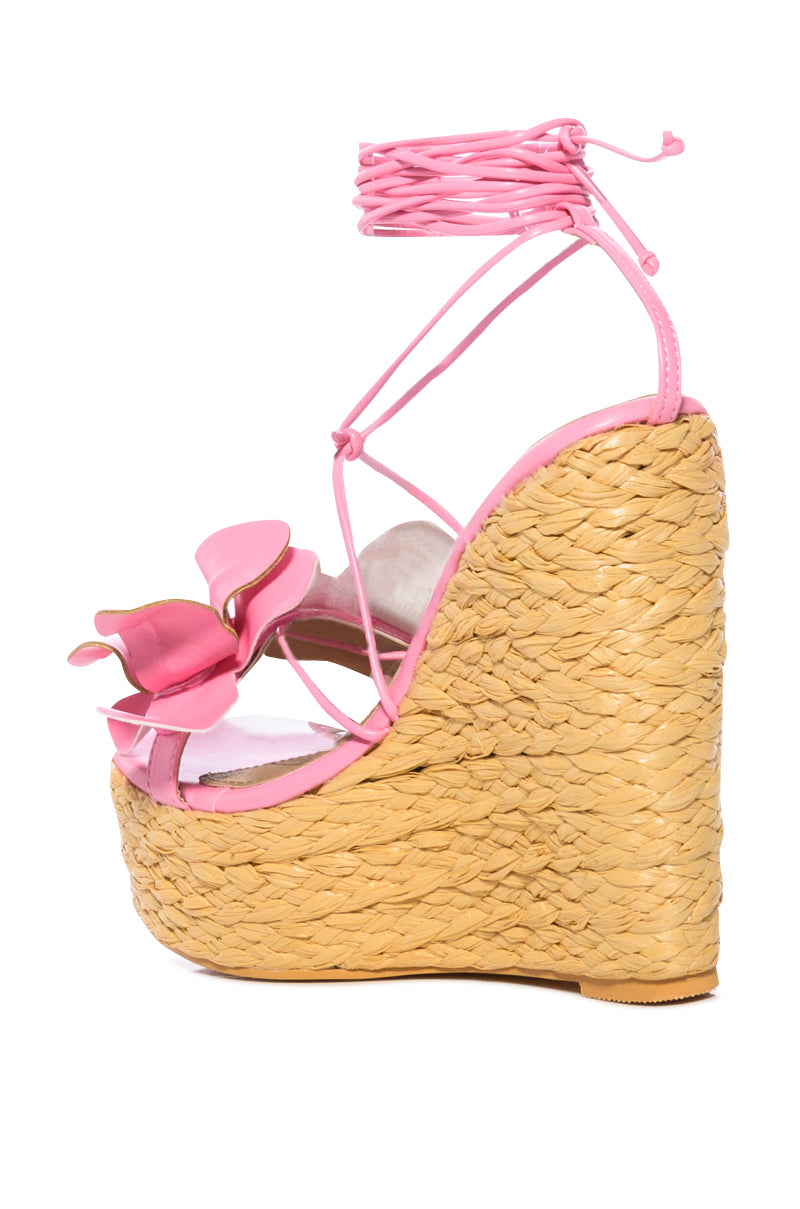BLOOMY FLOWER LACE UP WEDGE SANDAL IN PINK