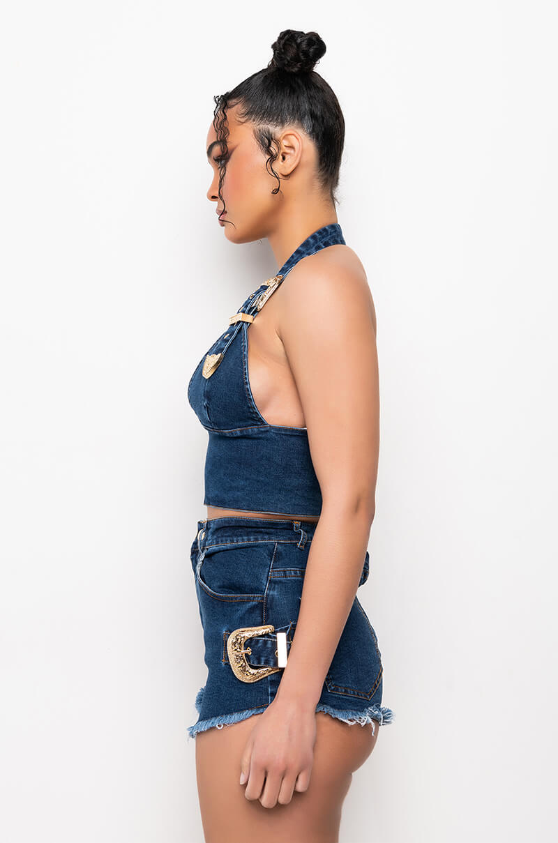 BLUE JEAN BABY BUCKLE HALTER CROP TOP