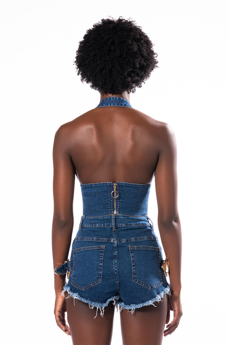 BLUE JEAN BABY BUCKLE HALTER CROP TOP