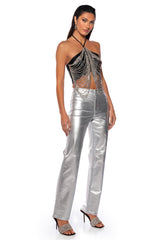 BORN TO SHINE METALLIC STRAIGHT LEG PANTS IN SILVER