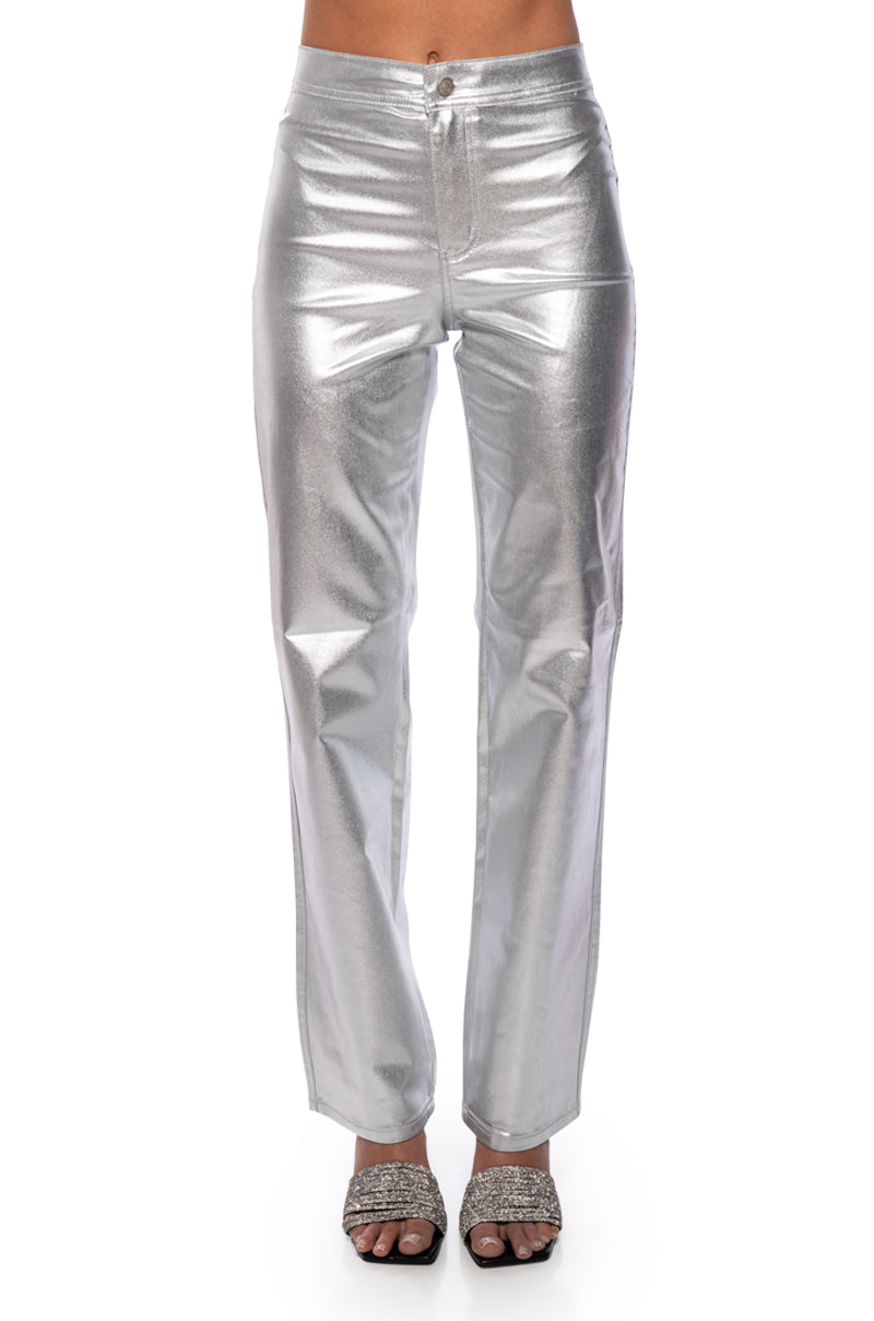 BORN TO SHINE METALLIC STRAIGHT LEG PANTS IN SILVER