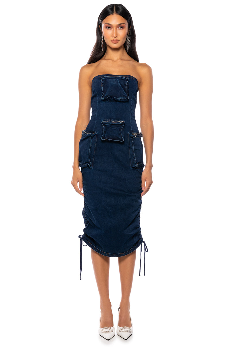 CHARLIE DENIM CARGO STRAPLESS MIDI DRESS