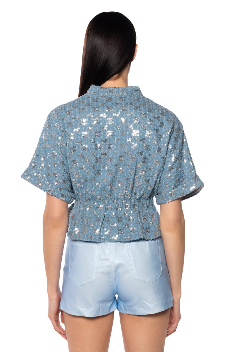 CHECKS NOT CHESS SEQUIN BELTED BLOUSE