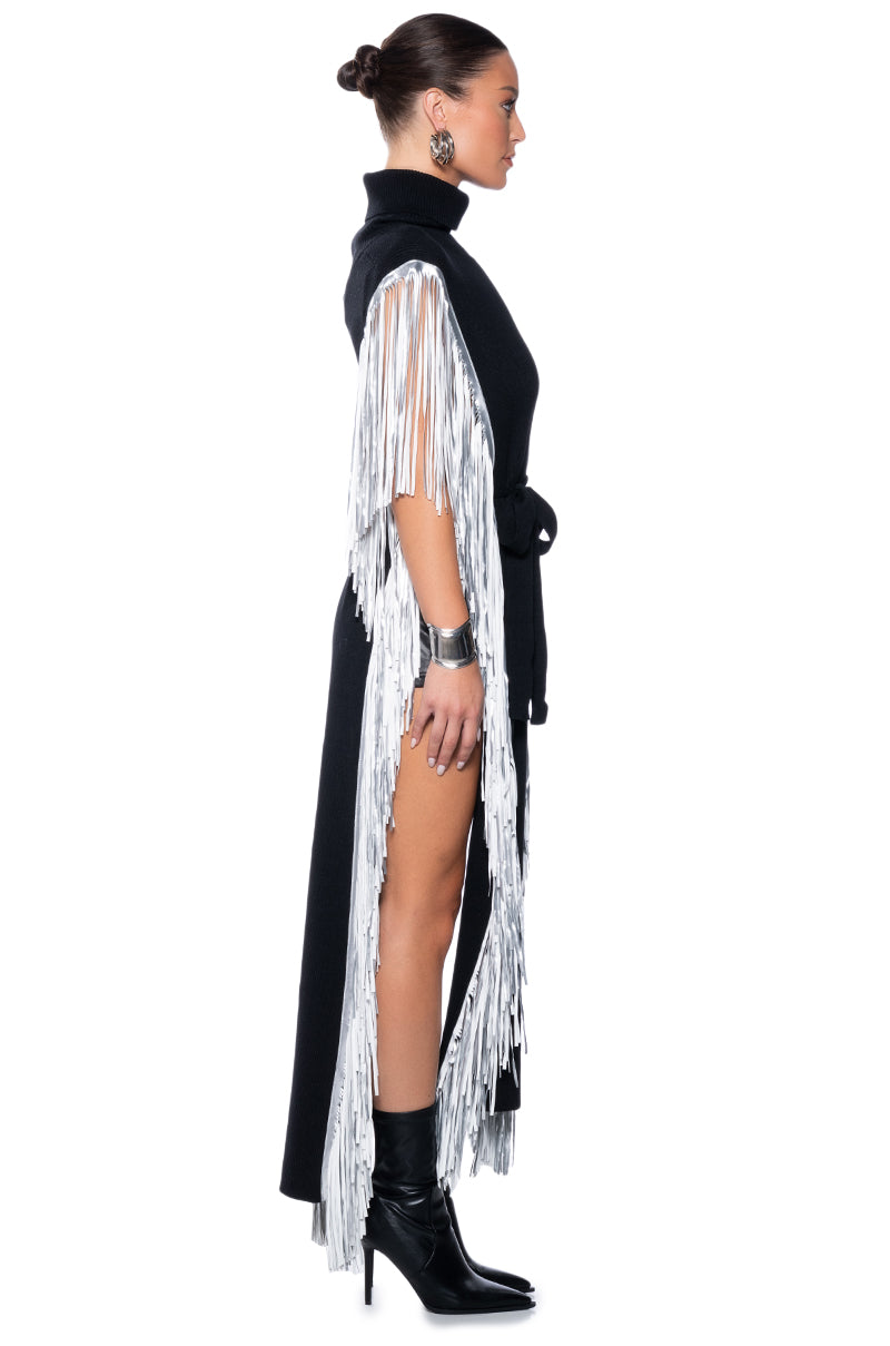 CHEYENNE FAUX LEATHER FRINGE BELTED SWEATER