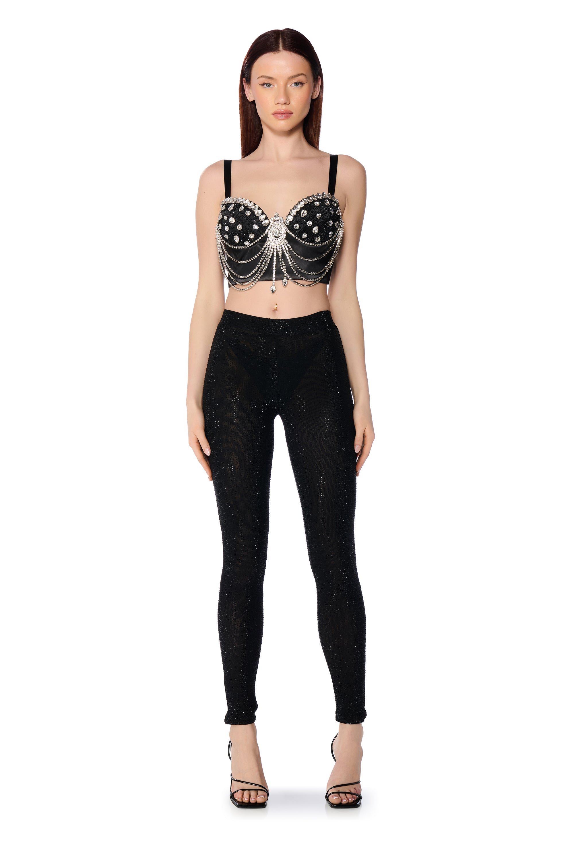 CLARISSA EMBELLISHED MESH LEGGINGS IN BLACK