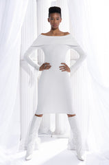 COZY AF PLUSH OFF THE SHOULDER MIDI SWEATER DRESS IVORY