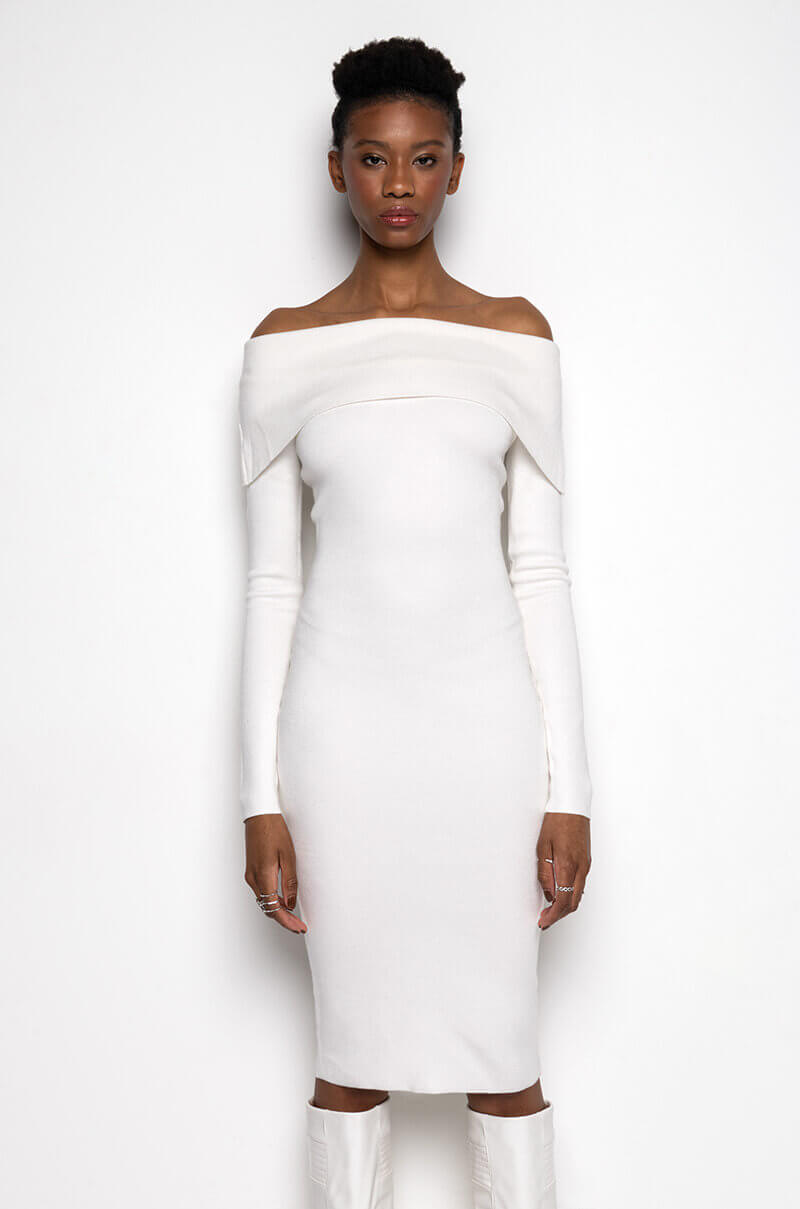 COZY AF PLUSH OFF THE SHOULDER MIDI SWEATER DRESS IVORY