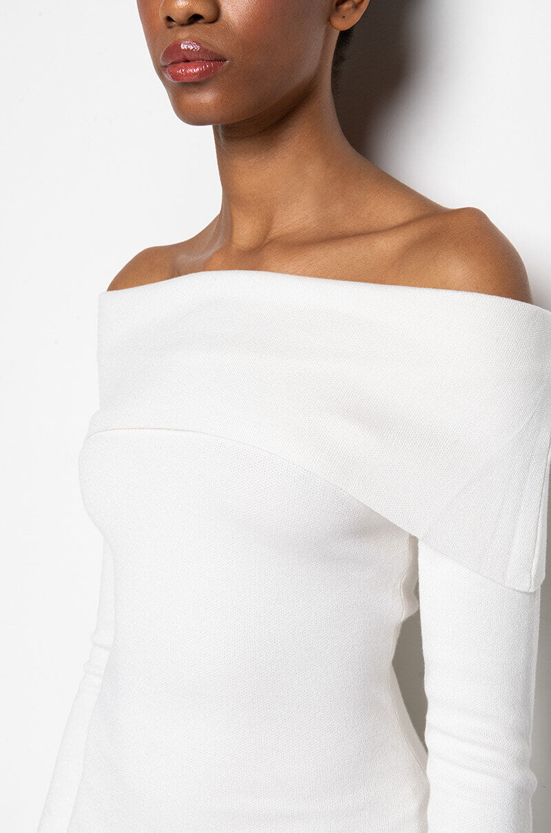 COZY AF PLUSH OFF THE SHOULDER MIDI SWEATER DRESS IVORY