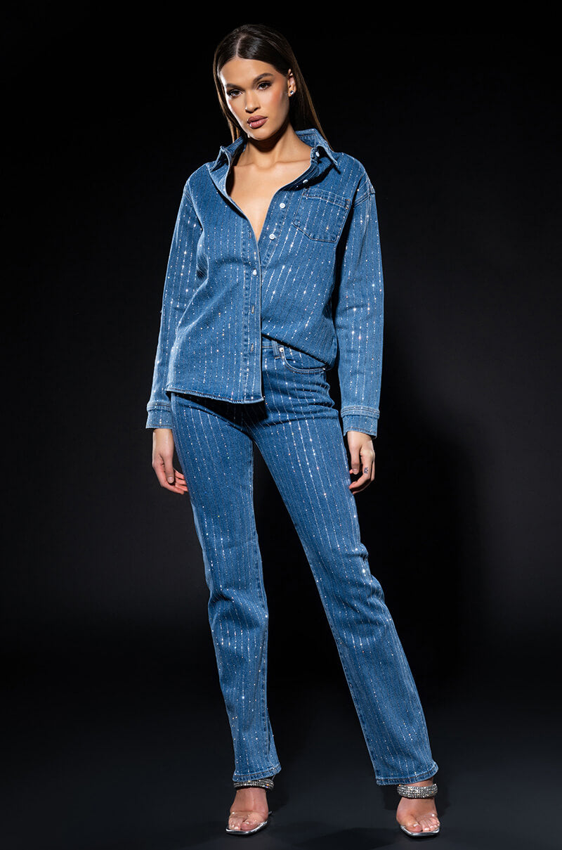 EFFORTLESS GLAM RHINESTONE STRIPE BUTTON DOWN SHIRT