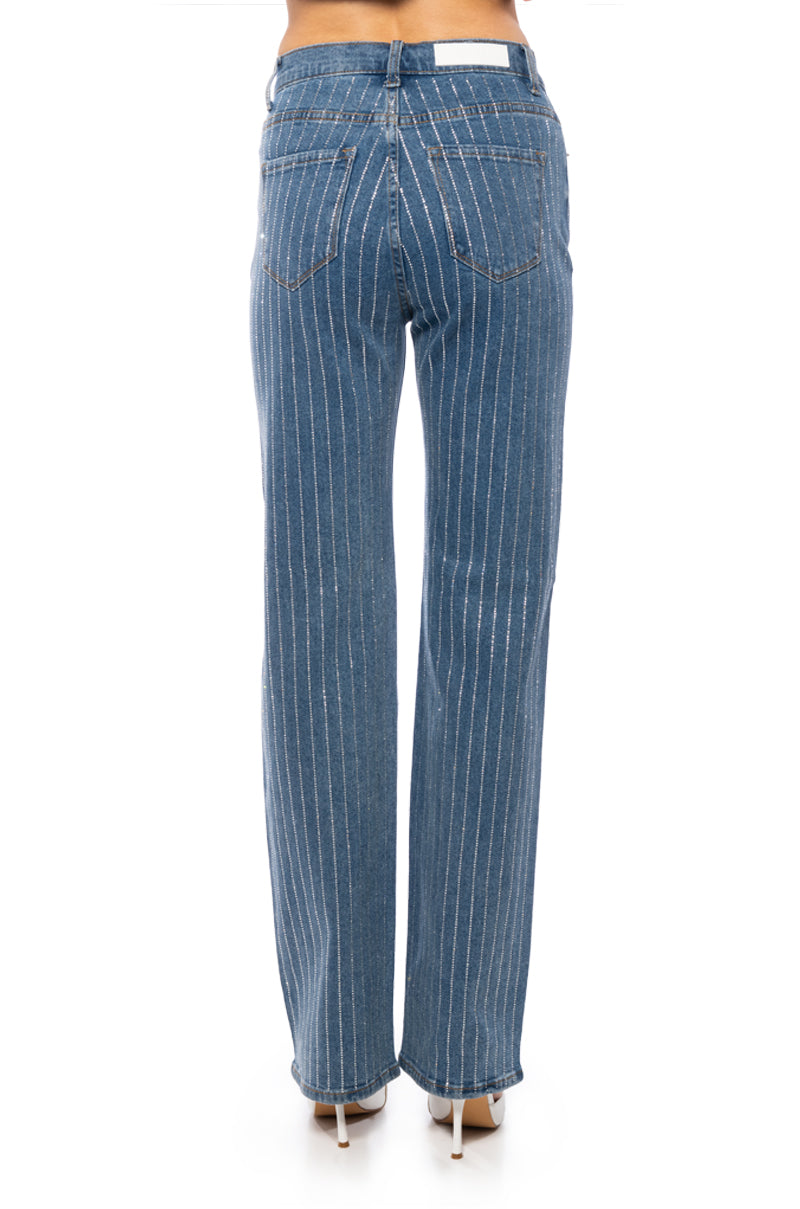 EFFORTLESS GLAM RHINESTONE STRIPE WIDE LEG JEAN