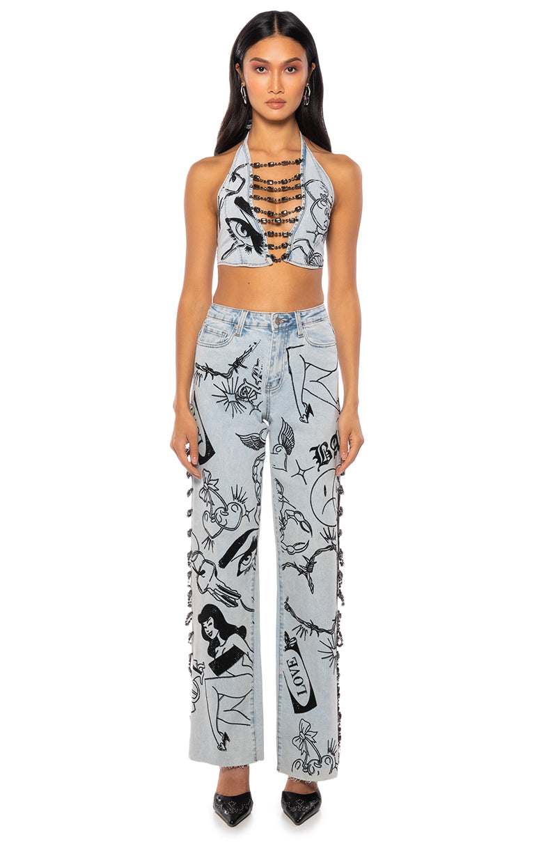 DRIPPING IN DIAMONDS DENIM PLUNGE CROP TOP